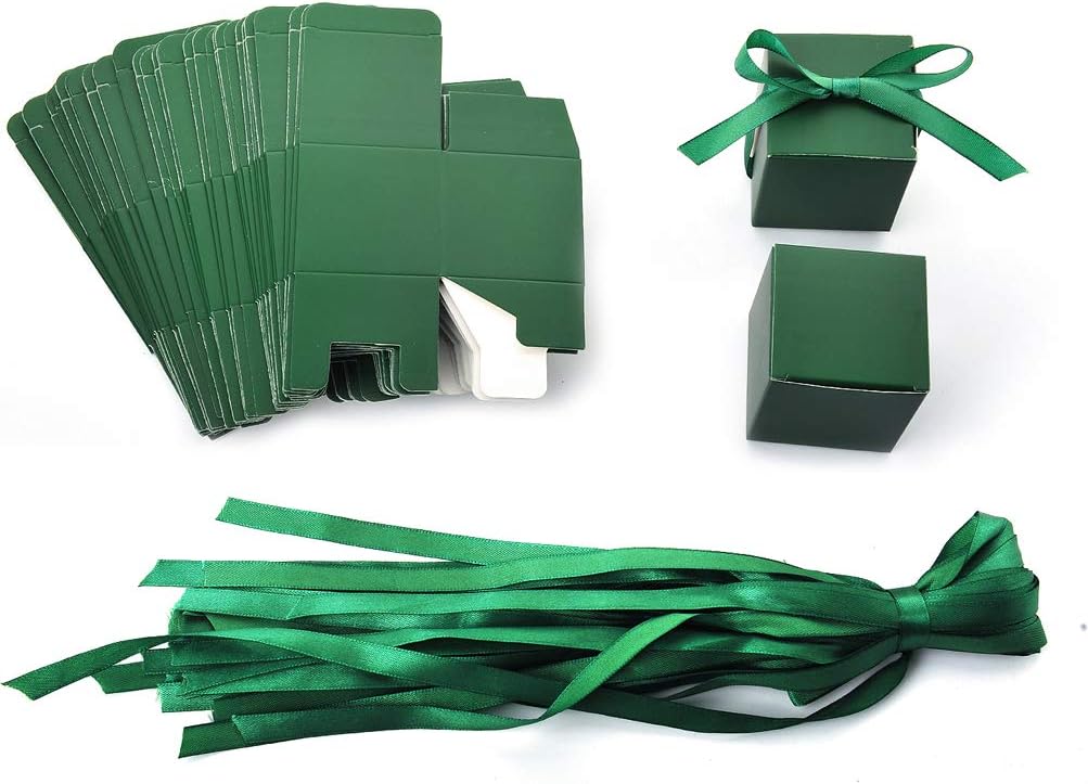 AWELL Dark Green Gift Candy Box Bulk 2x2x2 inches with Green Ribbon Party Favor Box,Pack of 50