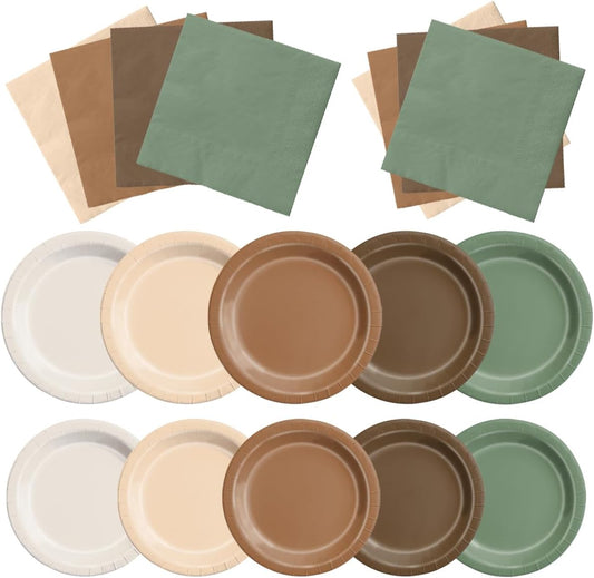 CMUSKO Woodland Baby Shower Decorations - 60pcs Brown Sage Green Forest Animal Theme Plates & Napkins Kit - Safari Party Supplies for Birthday, Baby Shower Neutral