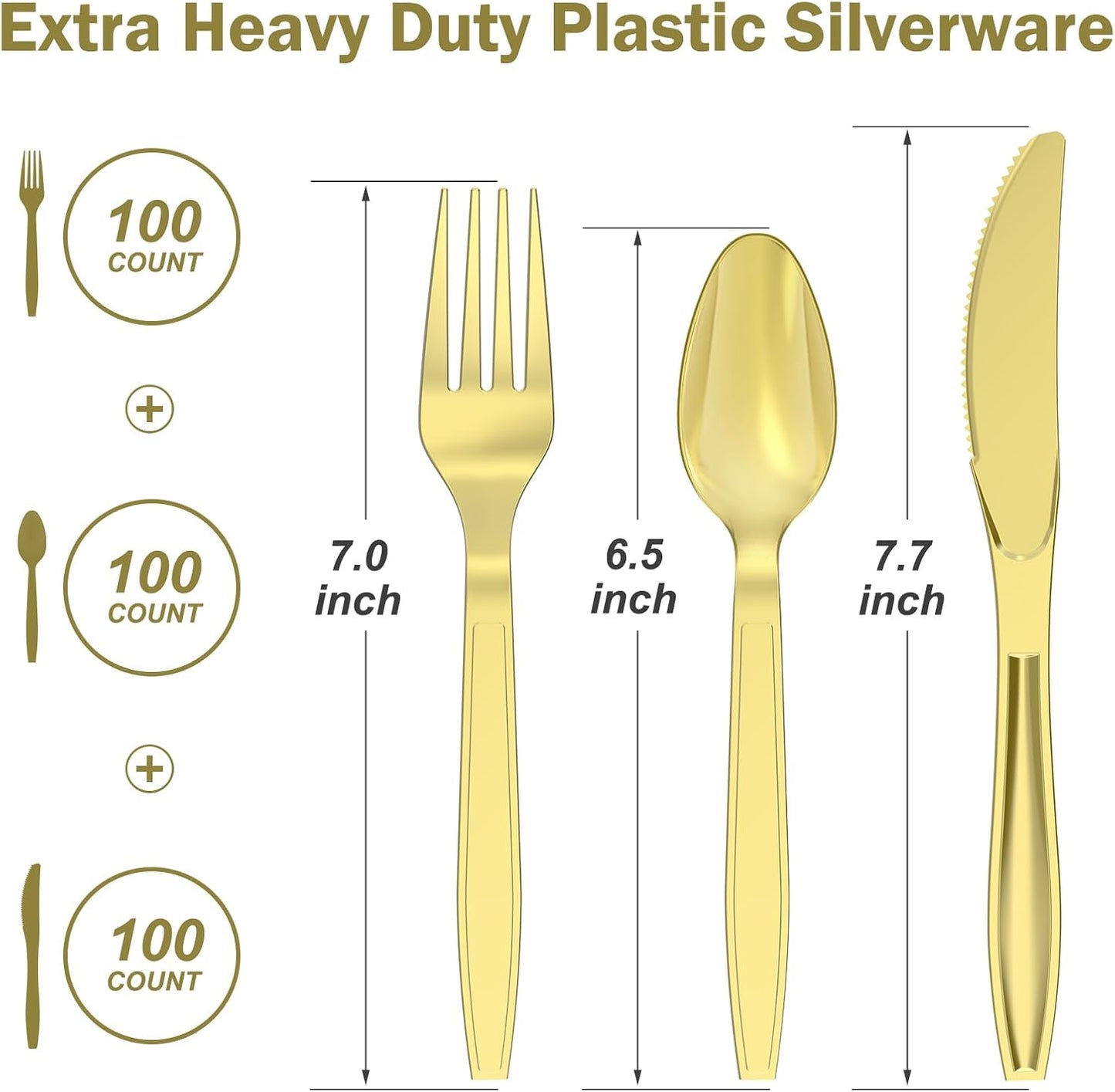 300 Count Extra Heavy Duty Gold Plastic Silverware, 100 Forks, 100 Spoons, 100 Knives, BPA-Free, Heat Resistant, Disposable Plastic Utensils Set, Plastic Cutlery Set, Plasticware Bulk