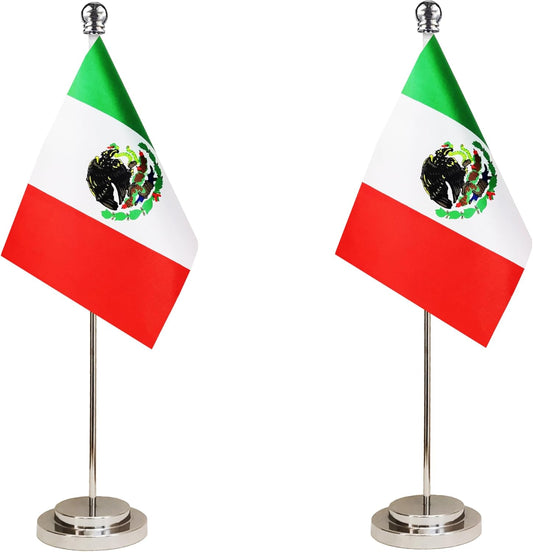 Mexico Mexican Deluxe Desk Flag Set Small Mini Miniature Mexico Mexican Table Desktop Flags,Festival Events Celebration,Office Decoration-2 Pack