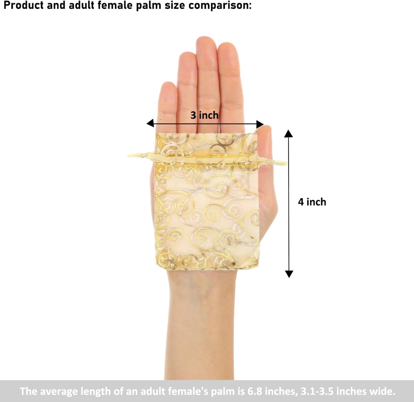 Staruby Organza Gift Bag 100Pcs Gold Sheer Organza Bag Mesh Favor Bags Drawstring Jewelry Rattan Printed Gift Pouches for Wedding Party Favors Couple Shower Christmas Gifts Candy Bags (3x4 Inches)