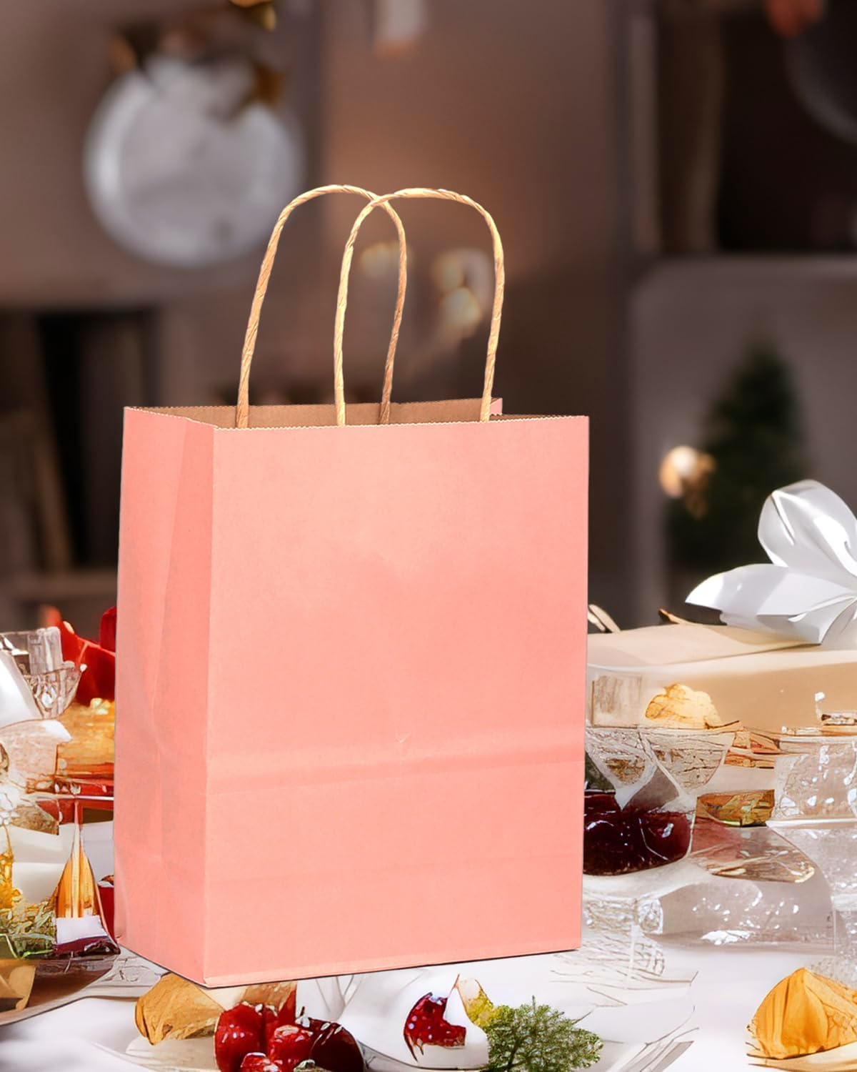 qiqee 100PCS Gift Bag with Handles Bulk Kraft Bright Pink Paper Bags Multiple Uses (13"x10.3"x4.6"- Large Size)
