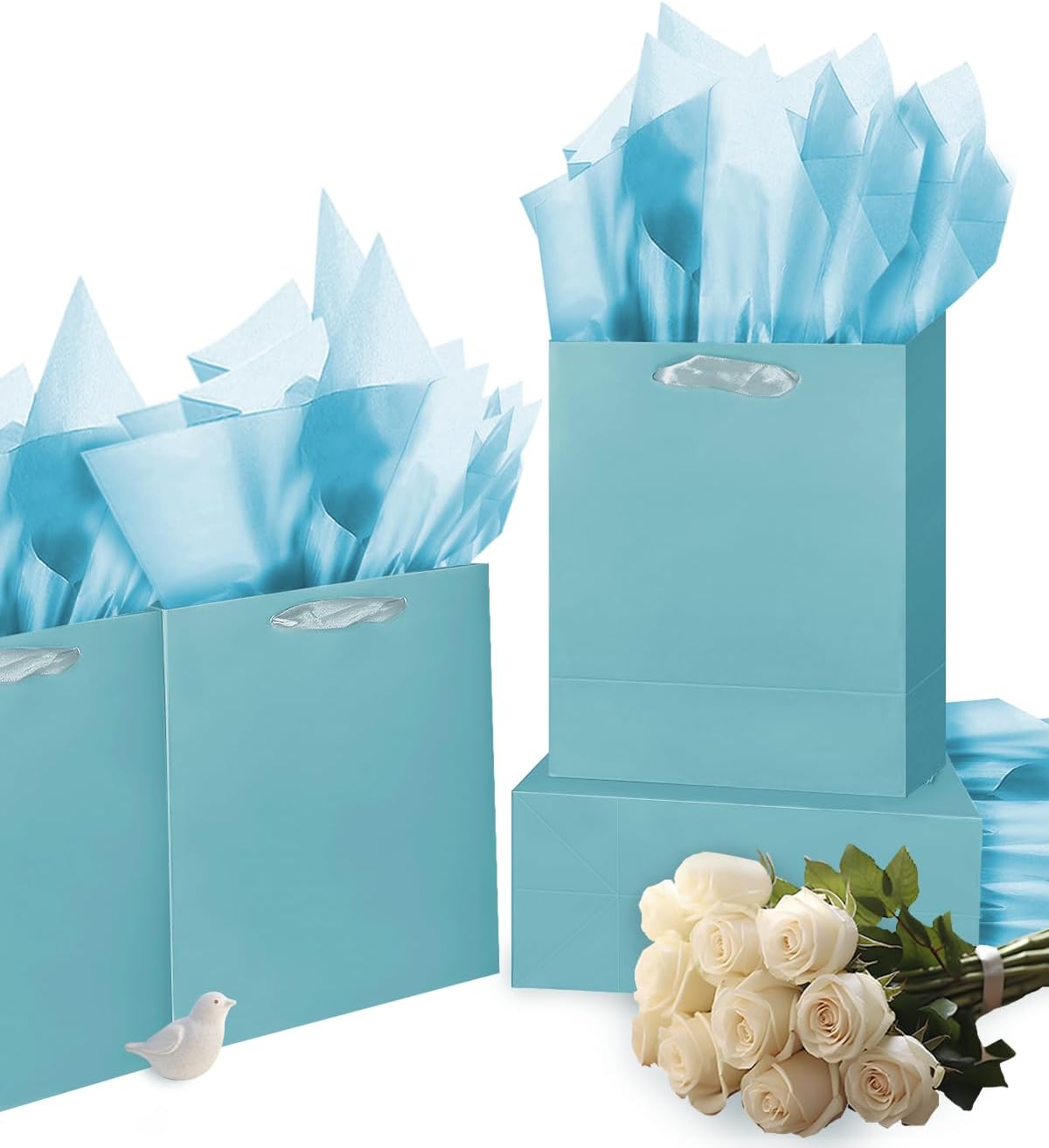 Gcardist Lake Blue Gift Bags with Tissue Paper for Wedding, Birthday, Party Supplies - Medium Size Cardboard Gift Bags (5pcs + 10pcs Tissue Paper)