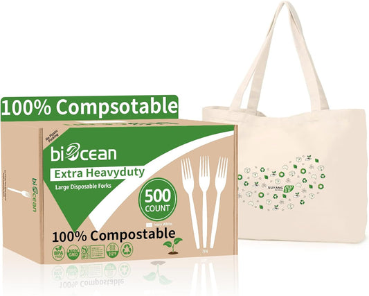 Extra Heavyduty Compostable Forks [500 Count,7In] Disposable Cutlery No Plastic Forks Large Biodegradable Utensils Eco Friendly Silverware for Party,BBQ,Daily Use [With Tote]