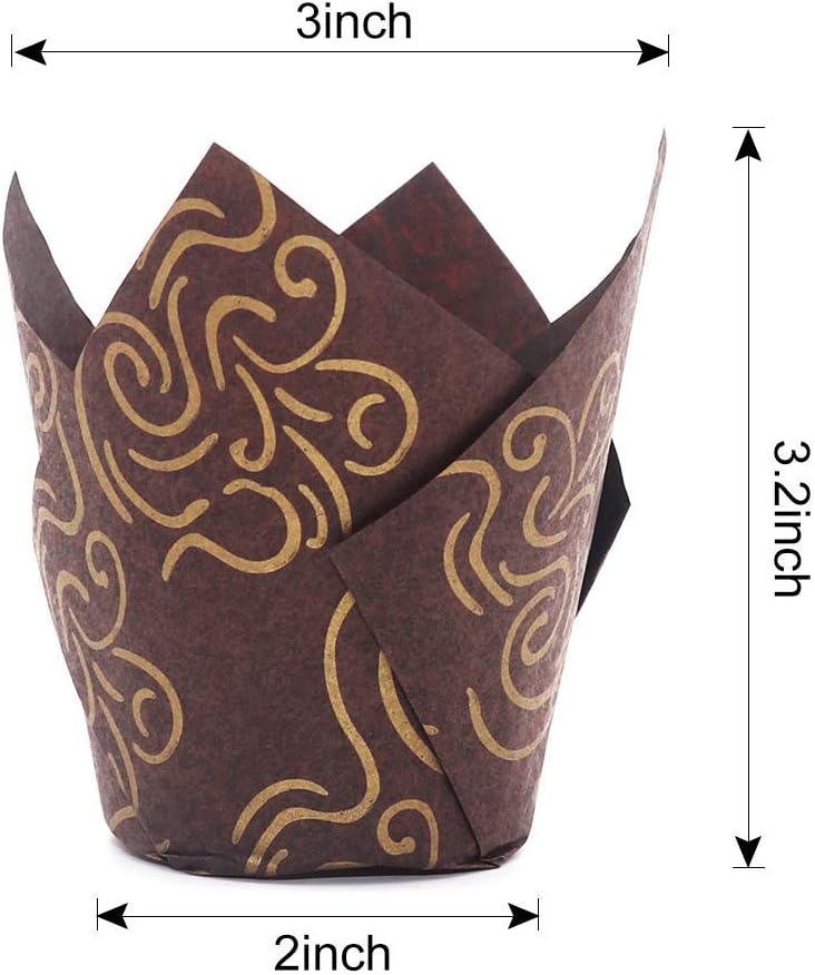 150pcs Tulip Cupcake Liners Baking Cups Muffin Liner Grease-Proof Paper Cupcake Wrappers for Wedding, Birthday Party, Standard Size (Golden Printed, Brown)