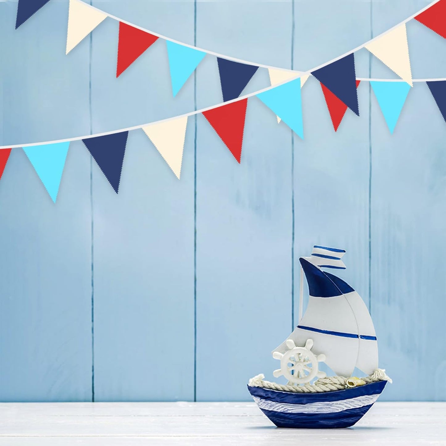 32Ft Red Blue White Nautical Pennant Banner Fabric Triangle Flag Bunting Garland Streamer for Nautical Theme Birthday Ahoy Achor Pirate Baby Shower Wedding Party Home Outdoor Garden Hanging Decoration