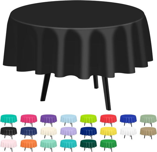 QIKSION Black Round Tablecloth 2 Pack, 84 Inch Plastic Table Cover Disposable for Parties