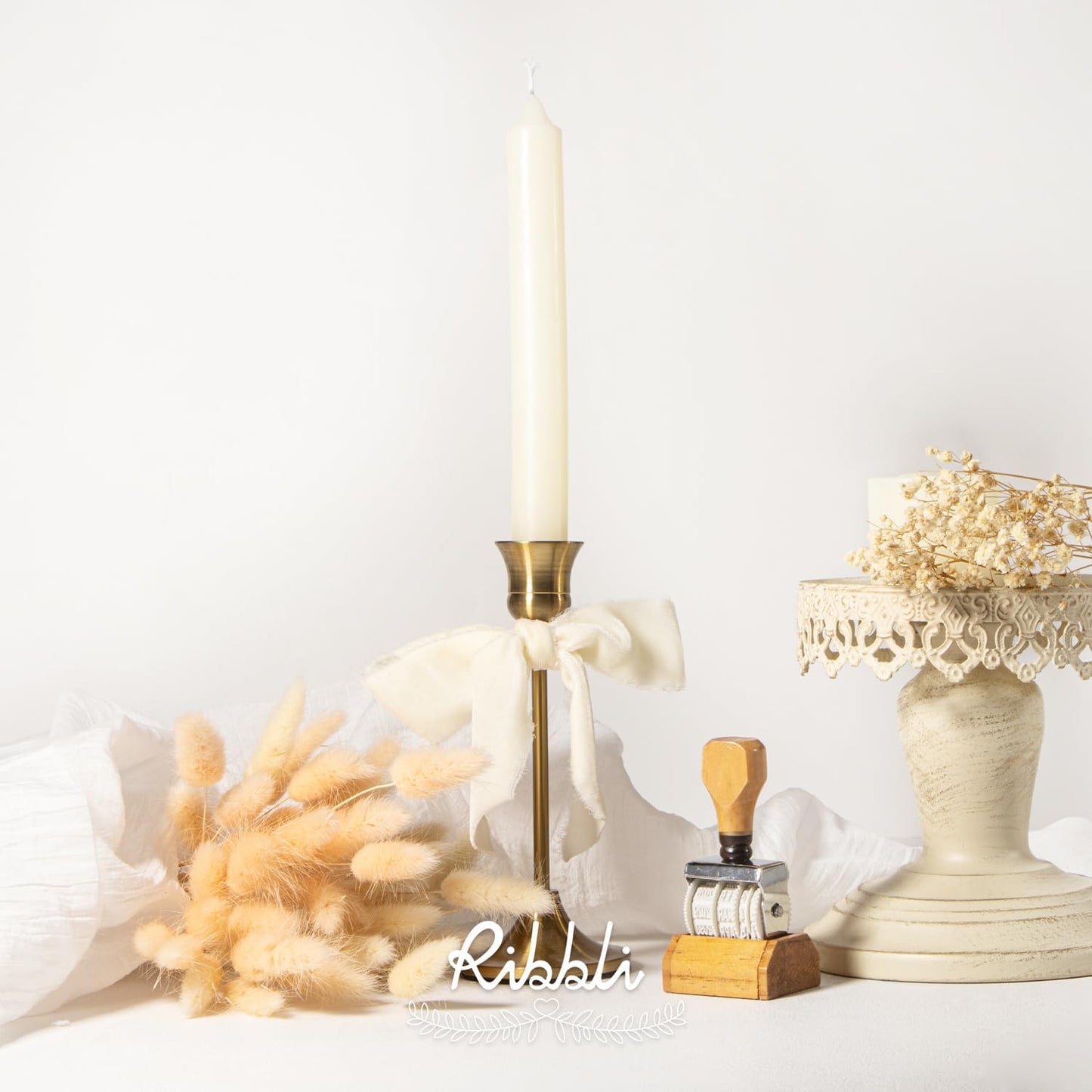 Ribbli Ivory Velvet Ribbon 1.5 Inch Handmade Frayed Vintage Christmas Ribbon for Gift Wrapping Christmas Tree Ornament Wreath Craft Home Decor -Total 3 Yards with Wooden Spool