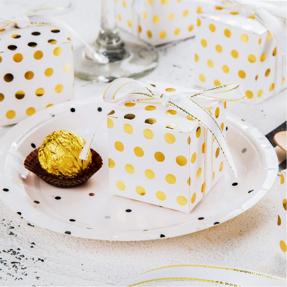 AWELL White Gift Candy Box Bulk with Gold Dots 2x2x2 inches with Ribbon Party Favor Box, Gold Dots, Pack of 50