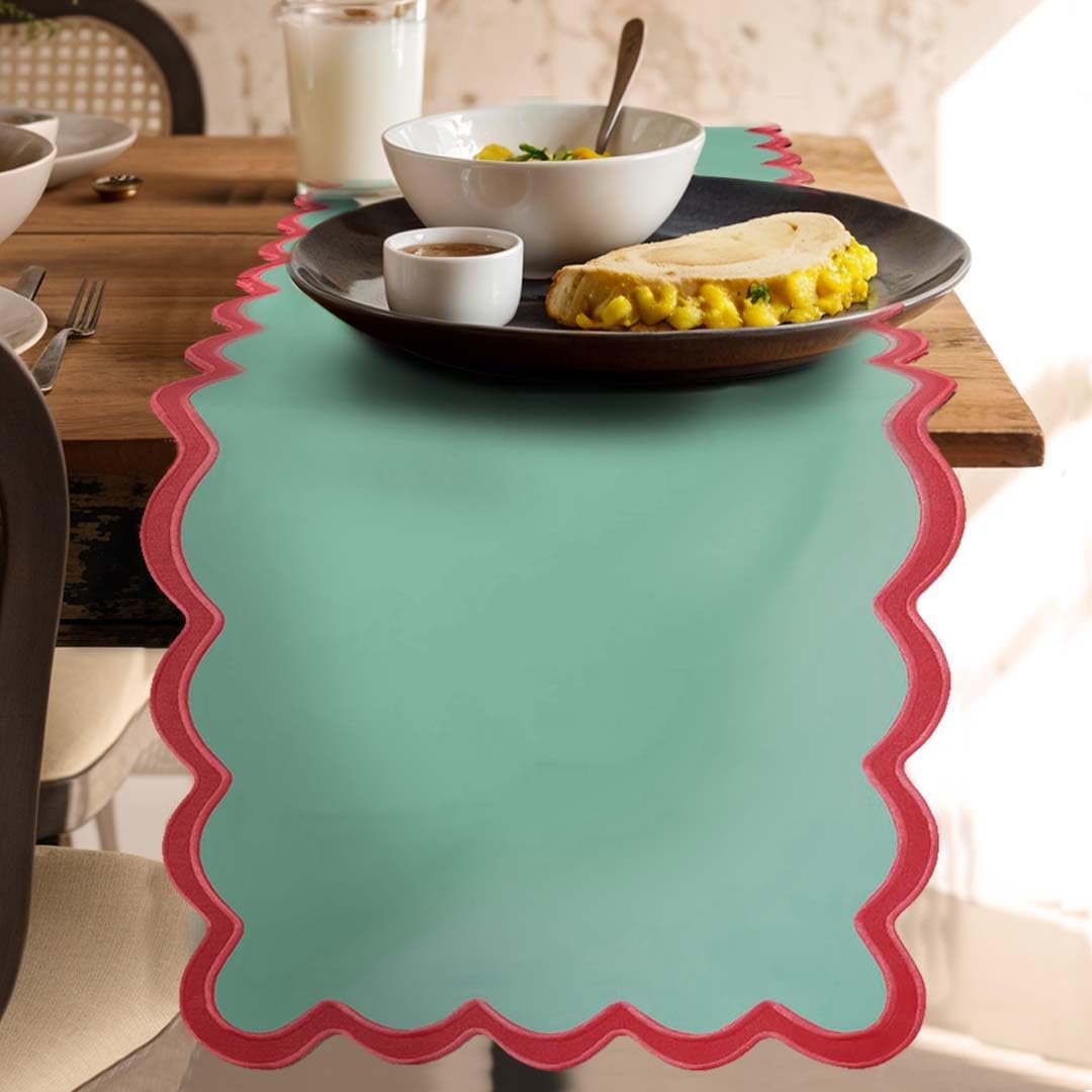 Folkulture Table Runner | Table Runners 108 inches Long | Scallop Table Runner for Farmhouse Decor or Boho Decor | Green Table Runners for Dining Room Table Decor | Table Decorations for Party