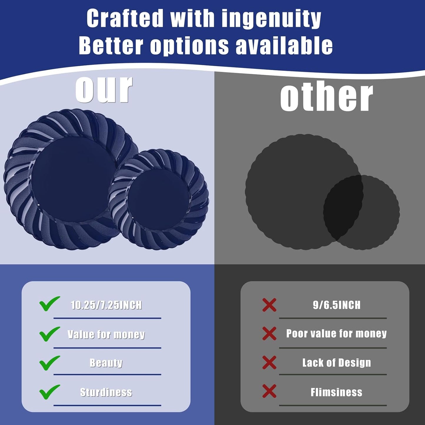 U-QE 60 Pcs Blue Plastic Plates for Party – Scalloped Blue Plates Disposable Heavy Duty – Include 30 10.25" Dinner & 30 7.25" Dessert Plate - Perfect for Birthday Parties, Baby Showers, and Weddings