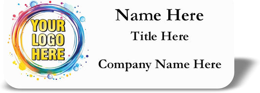 Custom Name Tag with Logo - Personalized Name Badge with Magnet Backing - Choose Your Size and Color (White Metal 3"x1.25" - Logo on Left)