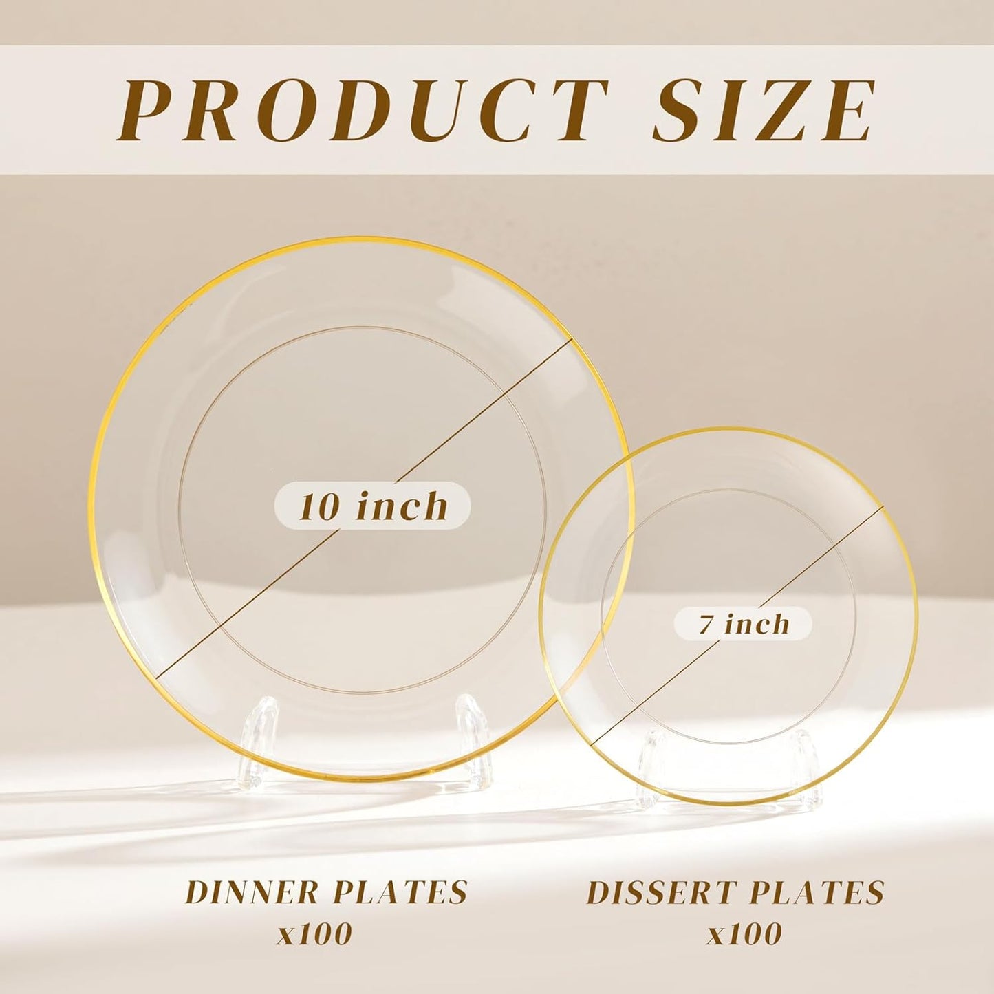 bUCLA 200PCS Clear and Gold Plastic Plates - Clear Disposable Plates with Gold Rim, Includes 100 PCS 10 inch Dinner Plates and 100 PCS 7 inch Dessert Plates for Party&Wedding