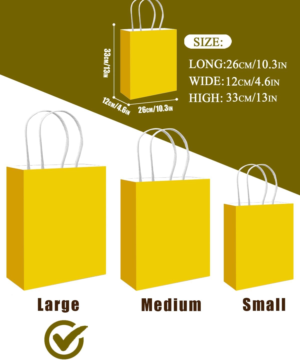 qiqee 100PCS Gift Bag with Handles Bulk Bright Yellow Paper Bags Multiple Uses (13''x5 x10 inch Large Size)