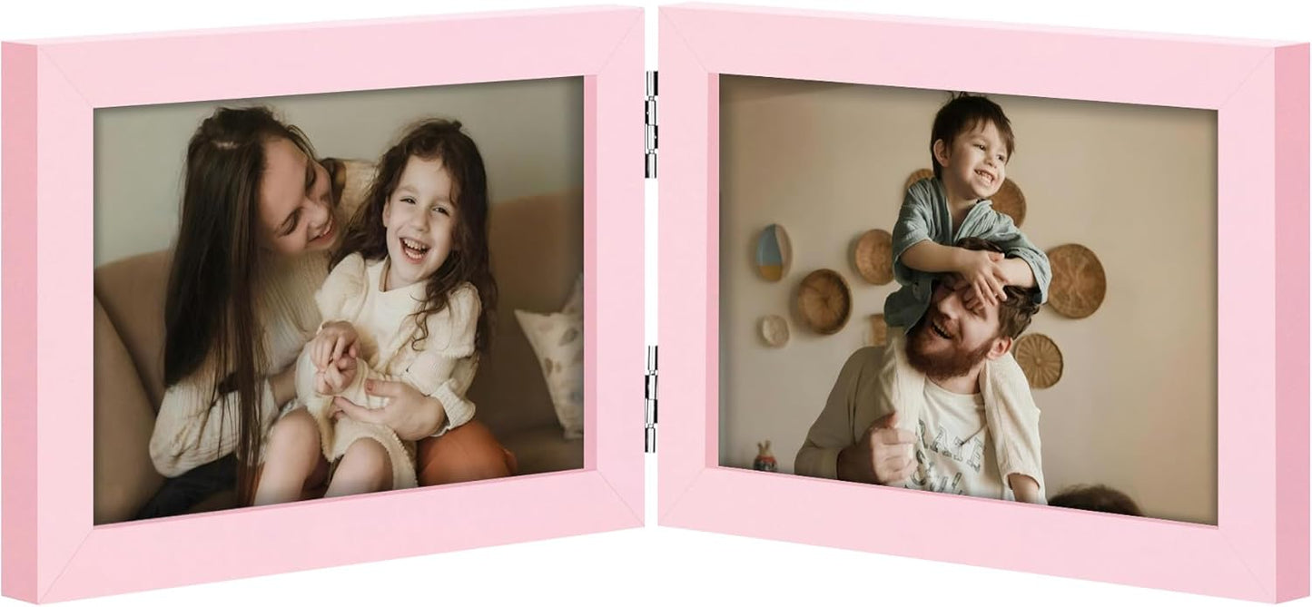 decorUhome Double 6x4 Picture Frame Horizontal, Engineered Wood Bifold Photo Frame with Plexiglass for Tabletop Display, 6x4, Pink