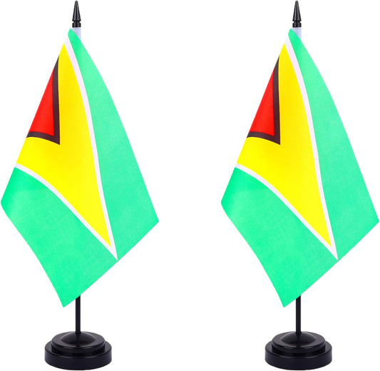 WXTWK 2 Pack Guyana Flag Guyana Deluxe Desk Flag Set - Mini Small Guyanese Table Office Flags with Black 12" Solid Pole Stand Base Classroom Meeting Desktop Decorations