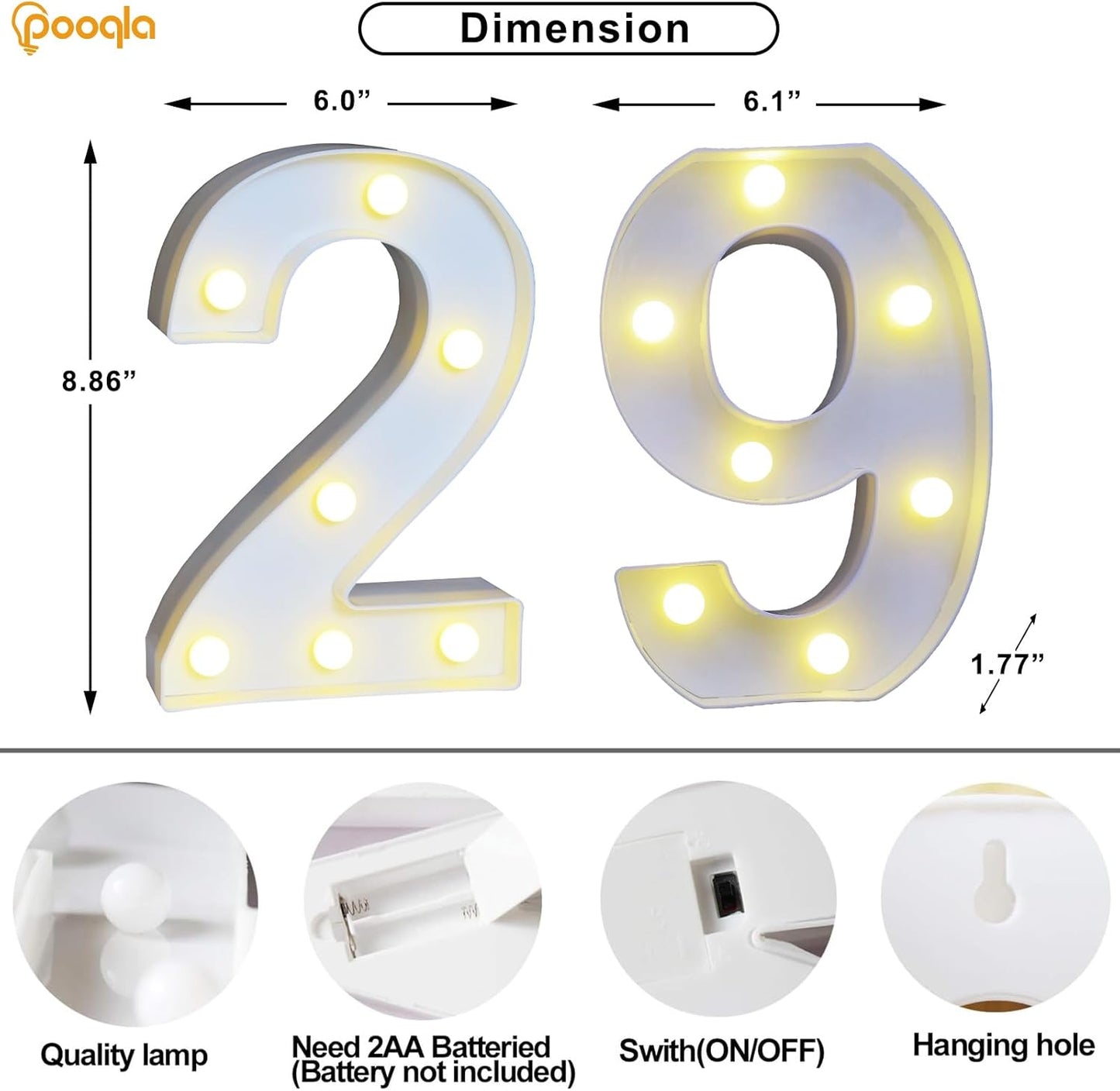 Pooqla Decorative LED Light Up Number Letters, White Plastic Marquee Number Lights Sign for Wedding Decor, Battery Operated (29)