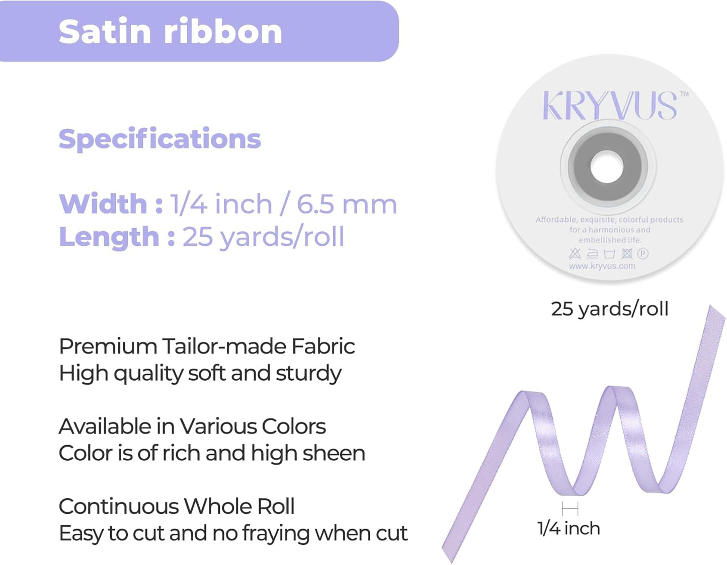Lavender Satin Ribbon 1/4 inch X Continuous 25 Yards, Single Face Polyester Ribbon Perfect for Gift Wrapping, Flower Bouquet, Wedding Decor, Crafts, Bow Making, Sewing and More