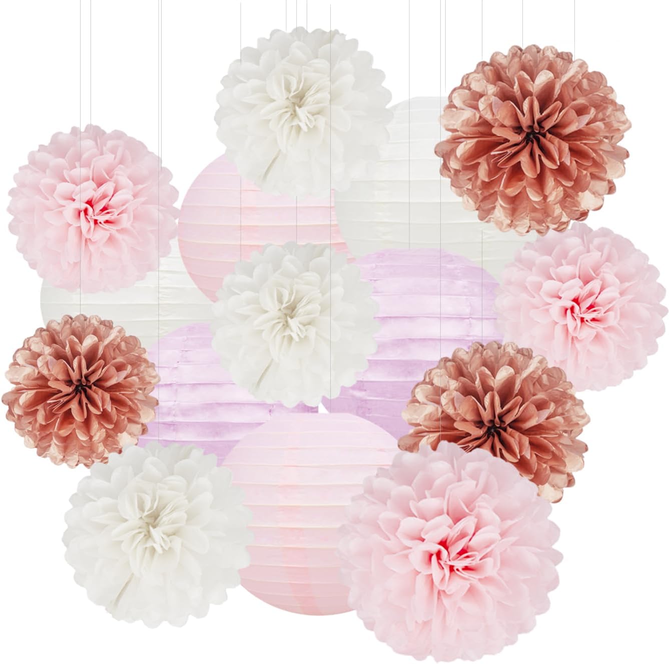 Rose-Gold Pink White Party Decorations - 15Pcs Tissue Pom Poms Paper Flowers Paper Lanterns Birthday Valentines Day Baby Girl Shower Women Bridal Wedding Engagement Bachelorette HongTongTong