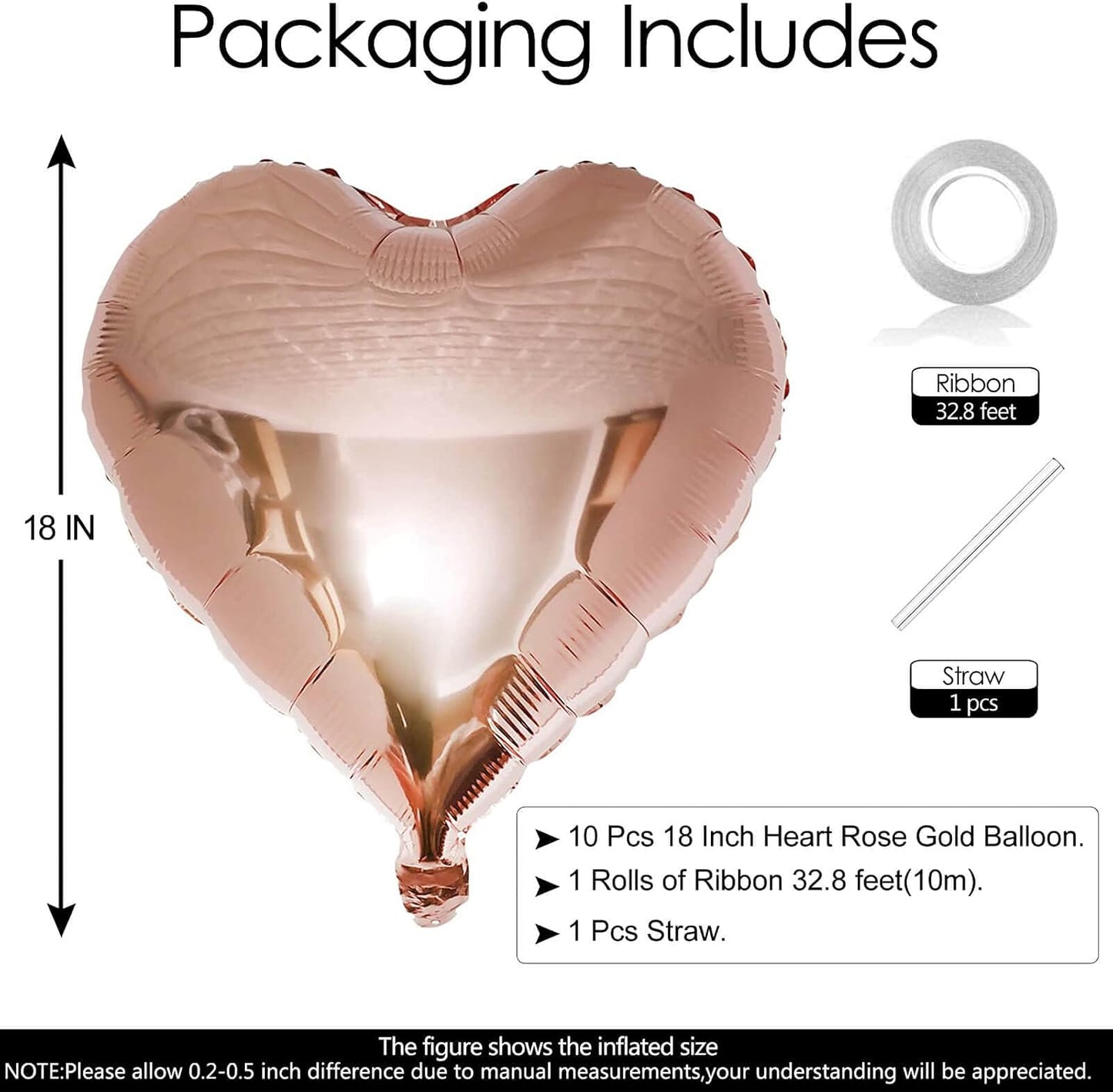10pcs Rose Gold Foil Heart Shaped Balloons - 18 Inch Heart Mylar Balloons for Baby Shower, Wedding, Valentine's Day Decorations