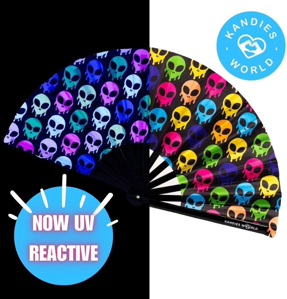 Kandies World UV Reactive Custom Festival Folding Hand Fan - Unique Designs, Made of Bamboo, Clacking Sound, Lightweight - Perfect Rave and Festival Accessory!