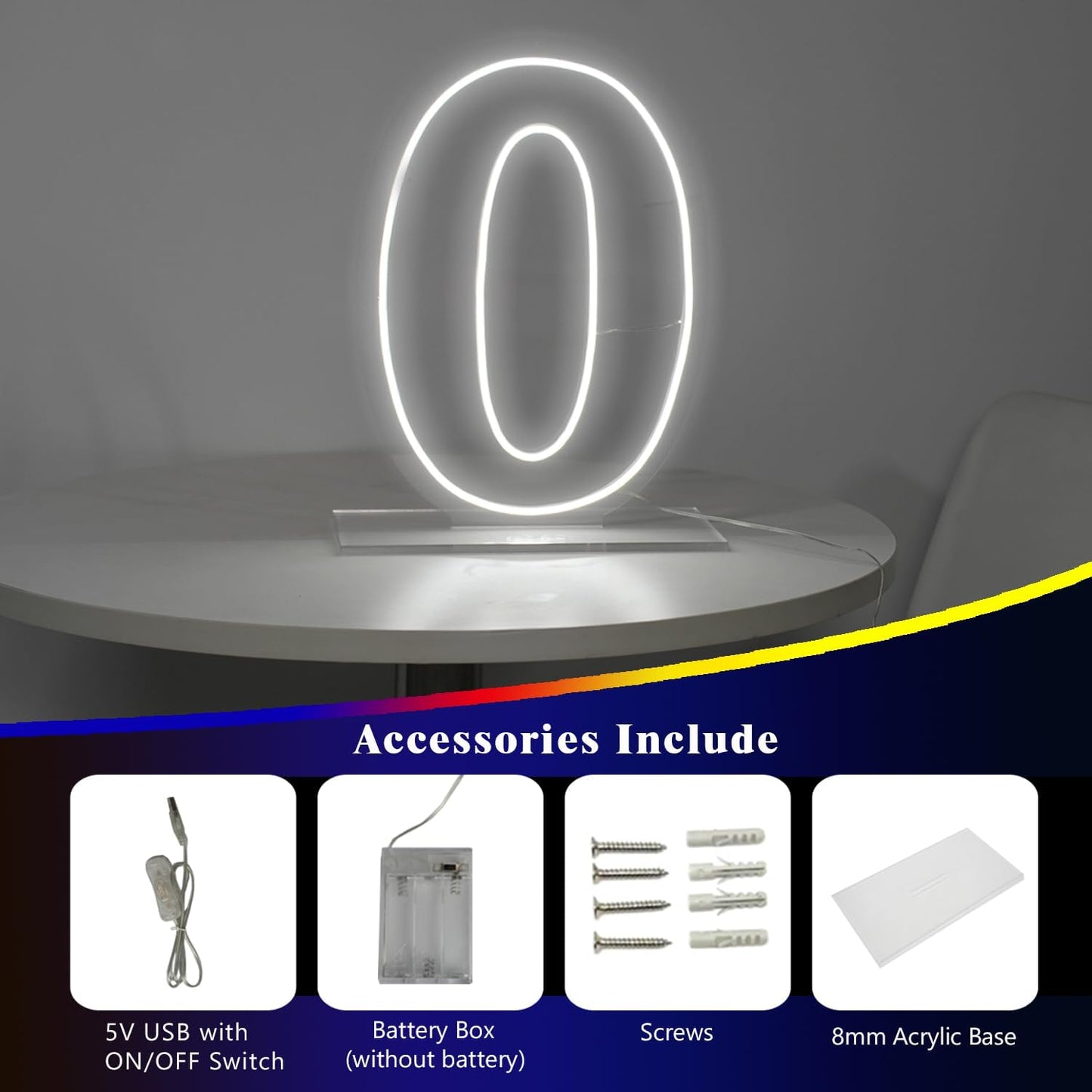 Number 0 Neon Sign Light, 16.54" Cool White USB Battery Powered Led Neon Sign for Party Wedding Anniversary Decor Light Sign (Number 0)