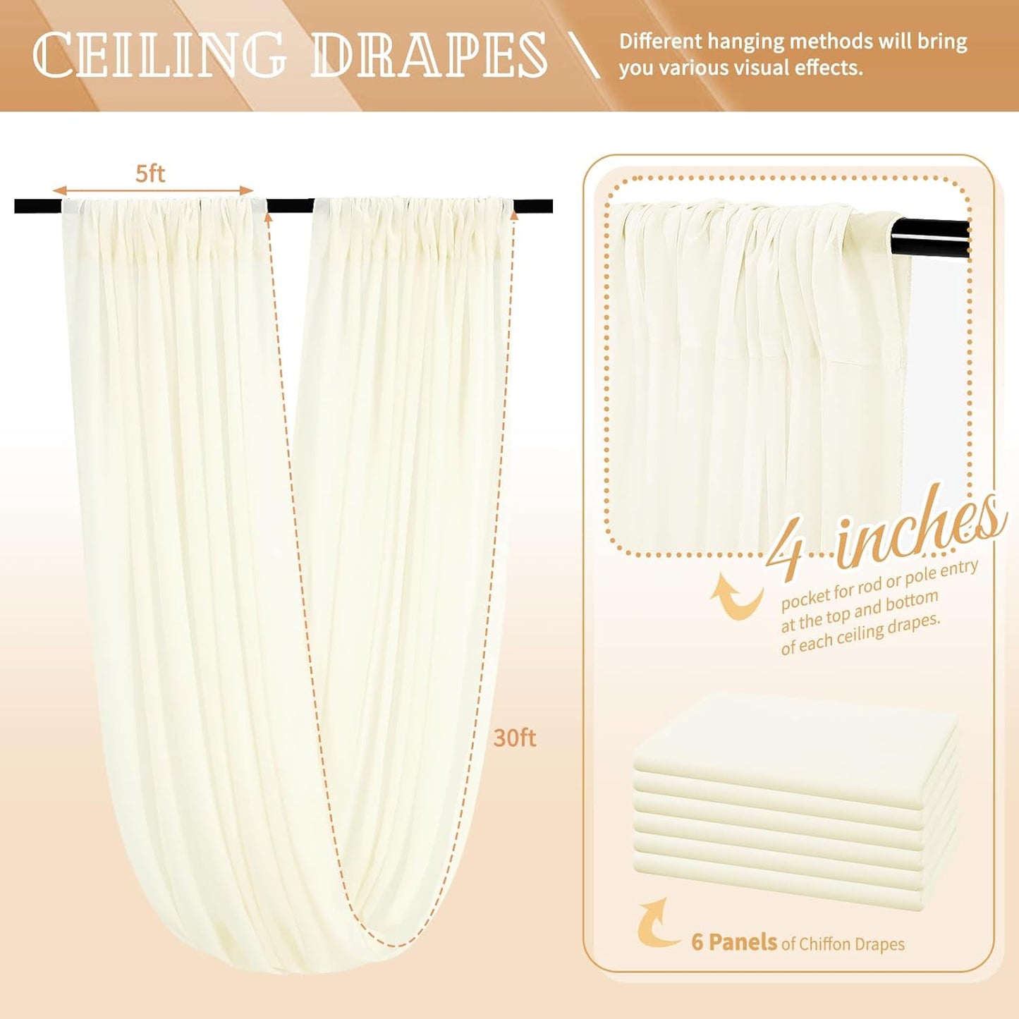 6 Panels Ivory Ceiling Drapes for Wedding 5ftx30ft Sheer Drapery Chiffon Fabric Arch Draping Curtains for Party Ceremony Birthday Baby Shower Reception Stage Ceiling Decorations