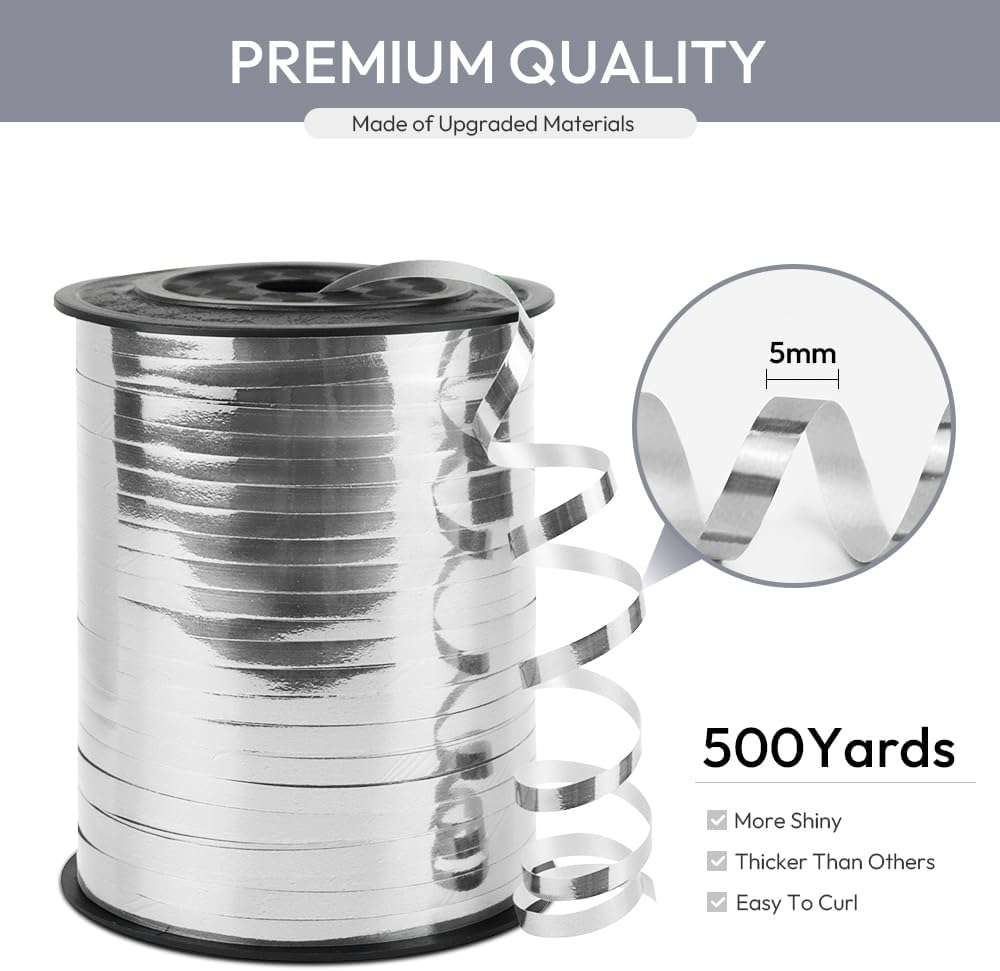 Silver Curling Ribbon, 1/5" Wide x 500 Yards Christmas Curling Ribbons for Gift Wrapping, Party Decoration, Balloon String, Hair, Ribbons for Florist Flower (1 Roll)