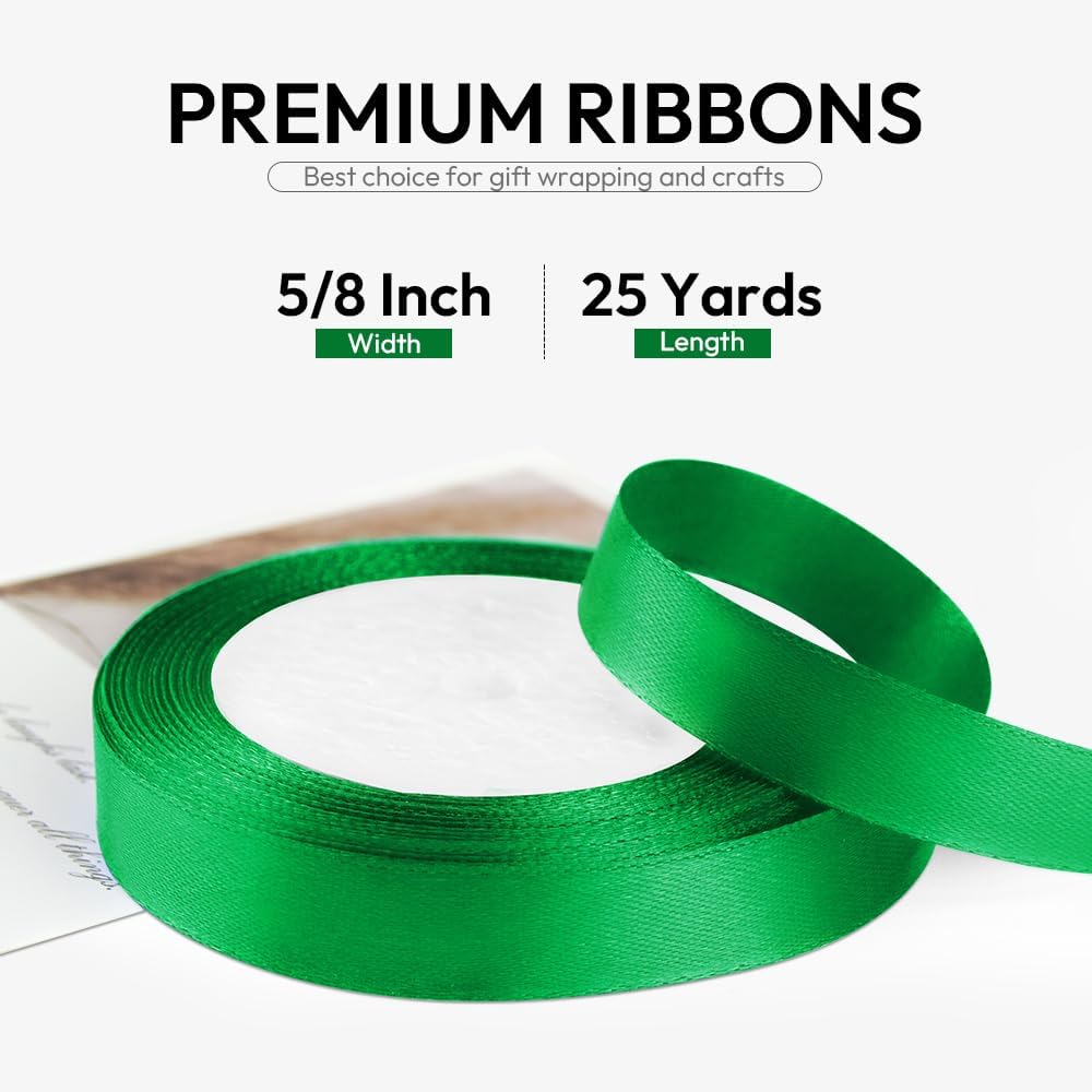 5/8 Inch 25 Yards Satin Ribbon Green, Solid Color Fabric Ribbon for Gift Wrapping, Wedding, Polyester Gift Ribbon for Birthday Party Decoration, Craft, Hair, Floral, Sewing