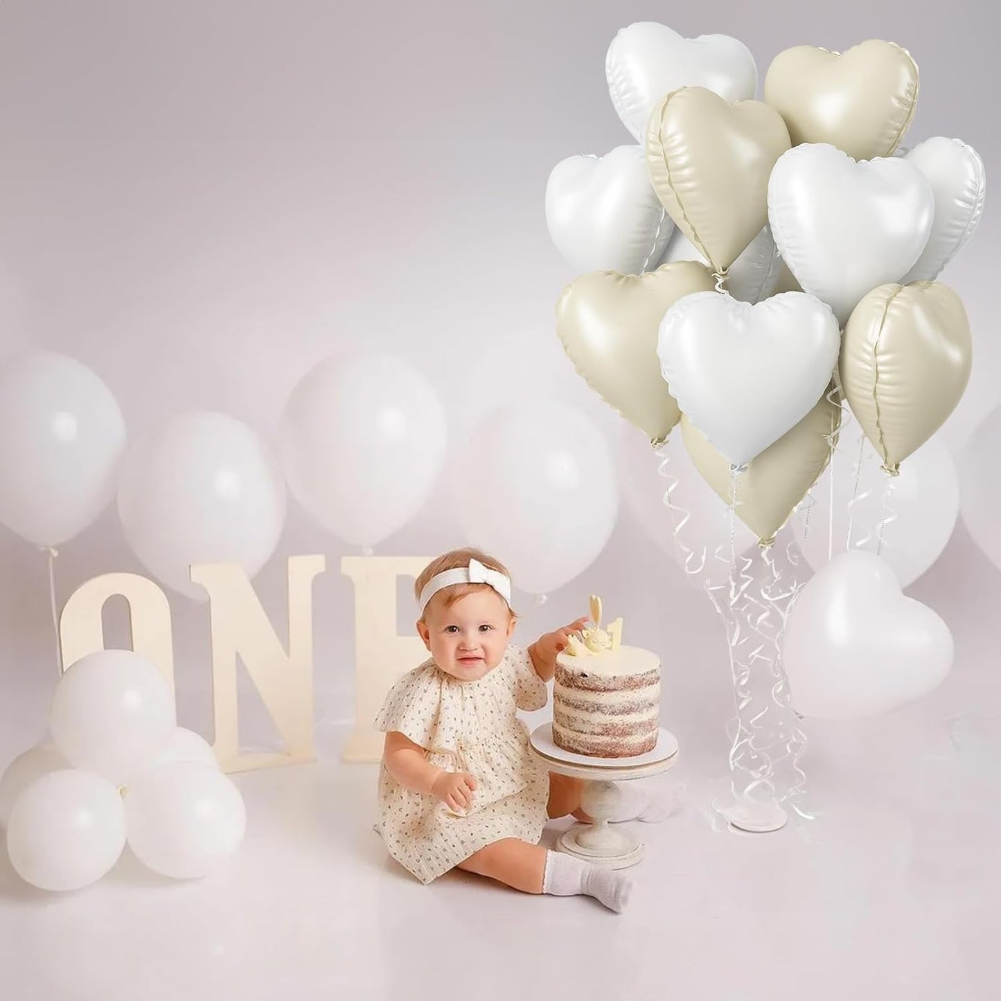 Cream Heart Foil Balloon, 18 Inch Sand White Heart Shape Foil Balloon, Beige Heart Balloons with Grey White Helium Balloons for Valentines Day Boho Birthday Bridal Shower Wedding Baby Shower
