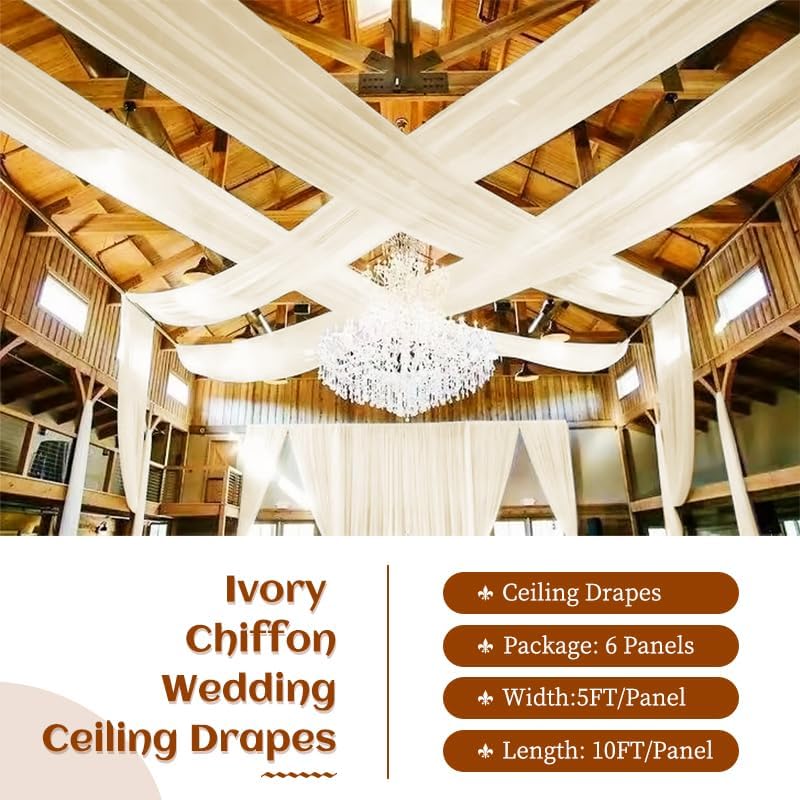 6 Panels Ivory Ceiling Drapes 5ftx10ft Wedding Chiffon Fabric Arch Draping Sheer Curtains Soft Drapery for Party Ceremony Stage Swag Decorations