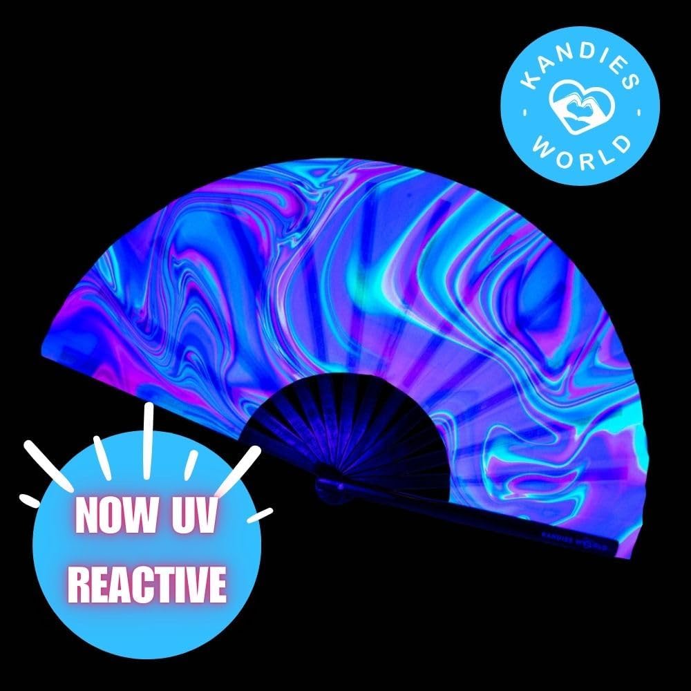 Kandies World UV Reactive Custom Festival Folding Hand Fan - Unique Designs, Made of Bamboo, Clacking Sound, Lightweight - Perfect Rave and Festival Accessory!