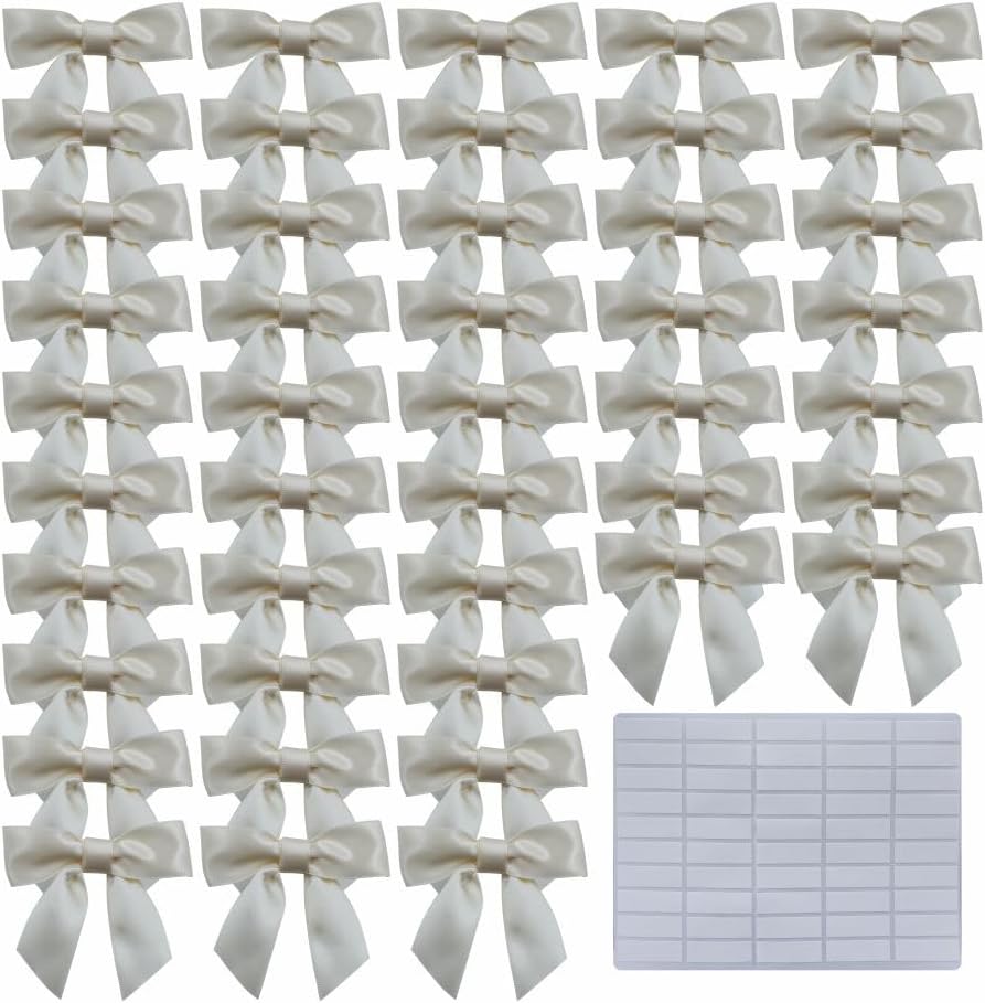 2.5" Hgzgch Cream Satin Ribbon Bow for Gift Wrapping, Premade Bows for Crafts, Cake, Party Favors, Handmade Bows with Double-Sided Tape, Self Adhesive Gift Bows for Presents, Treats, Christmas - 50pcs