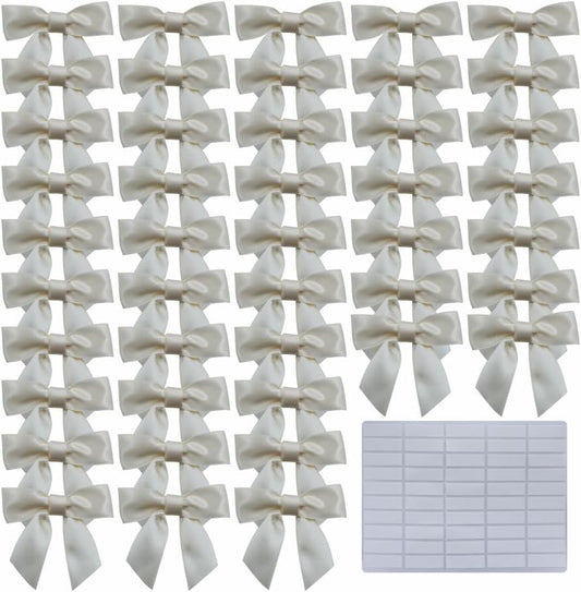 2.5" Hgzgch Cream Satin Ribbon Bow for Gift Wrapping, Premade Bows for Crafts, Cake, Party Favors, Handmade Bows with Double-Sided Tape, Self Adhesive Gift Bows for Presents, Treats, Christmas - 50pcs