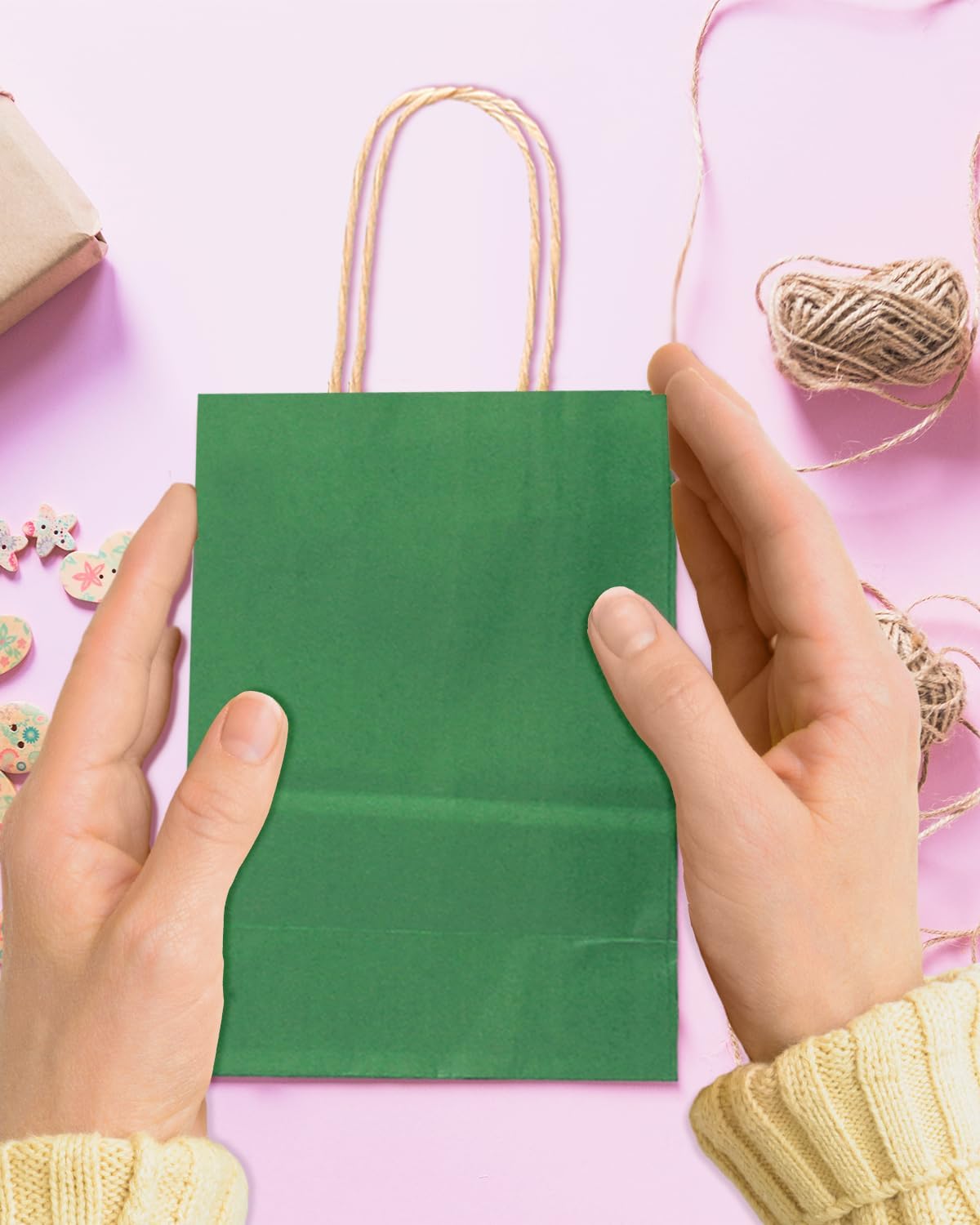 Bakepacker 100 Pcs Deep Green Mini Paper Gift Bags with Handles 6"x4.5"x2.5" Brown Kraft Party Favor Bags Multiple Uses (Mini size)