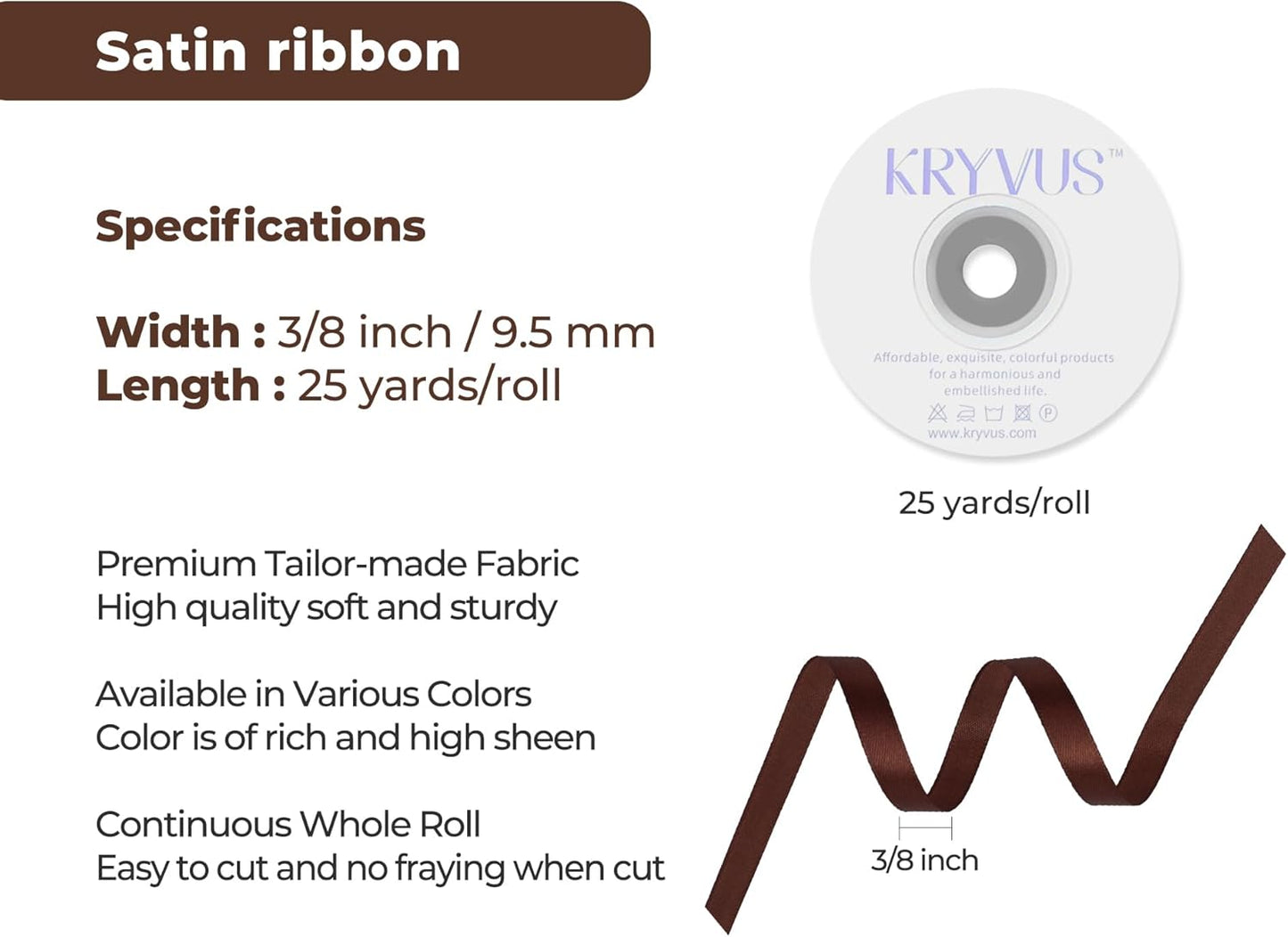 Dark Brown Satin Ribbon 3/8 inch X Continuous 25 Yards, Single Face Polyester Ribbon Perfect for Gift Wrapping, Flower Bouquet, Wedding Decor, Crafts, Bow Making, Sewing and More