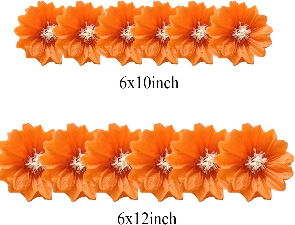 12pcs 10in 12in Paper Flowers Tissue Flowers Pom Paper Pom Poms Hanging Paper Flowers Wall Backdrop Wedding Party Flower Decorations DIY Art Craft Blooms for Birthday Baby Shower Nursey Decor Orange