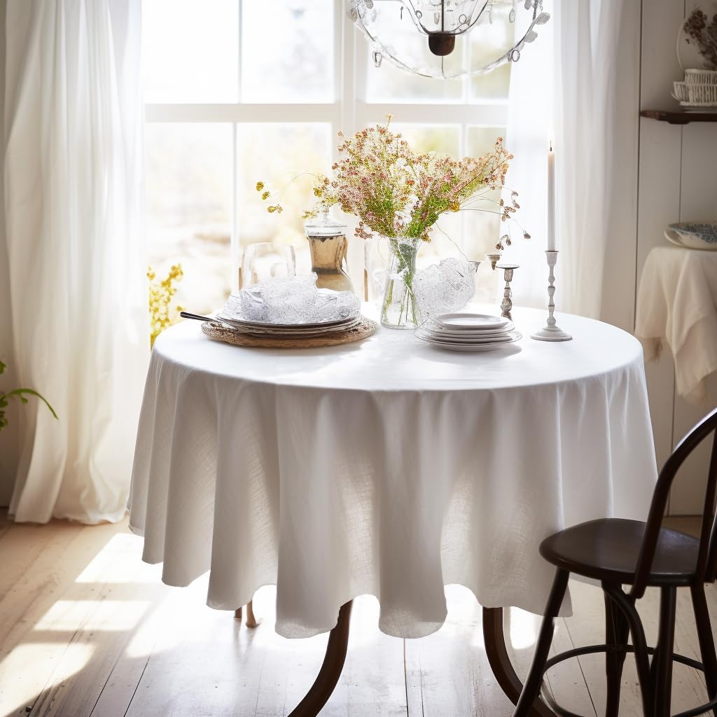 EVERLY 100% Pure Linen Round Tablecloths 70Inch Round Machine Washable Tablecloth for Thanksgiving,Decorative Halloween,Buffet Parties,Picnic,Events,Weddings and Restaurants-White