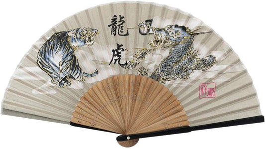 Terra Distribution Folding Fan [Japan Import] Hand Fans for Women Foldable, Japanese Fan, Unique Design, Handmade Bamboo, Silk Fan, 8.6" (22cm), Abanicos de Mano (900 (Dragon, Tiger))