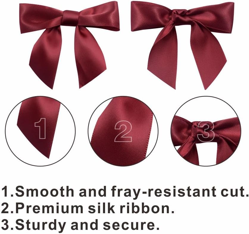2.5" Hgzgch Burgundy Satin Ribbon Bow for Gift Wrapping, Premade Bows for Crafts, Cake, Party Favors, Handmade Bows with Double-Sided Tape, Self Adhesive Bows for Presents, Treats, Christmas - 50pcs