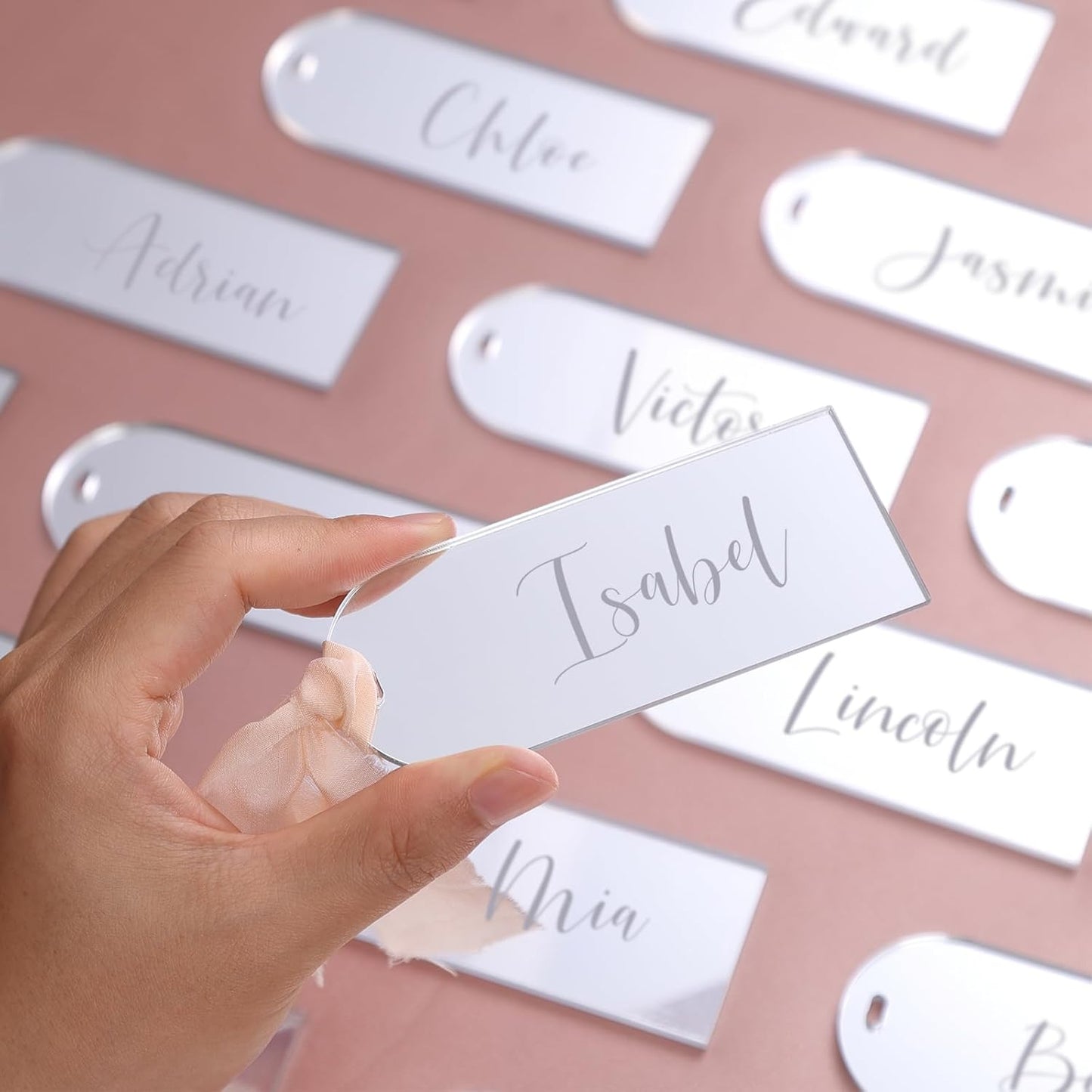 UNIQOOO 20 Pcs Mirror Silver Acrylic Place Cards, 3.9x1.6 inches DIY Blank Hanging Tags, Perfect for Wedding Table Decor, Birthday, Centerpiece, Decoration, Party, Anniversary, Event