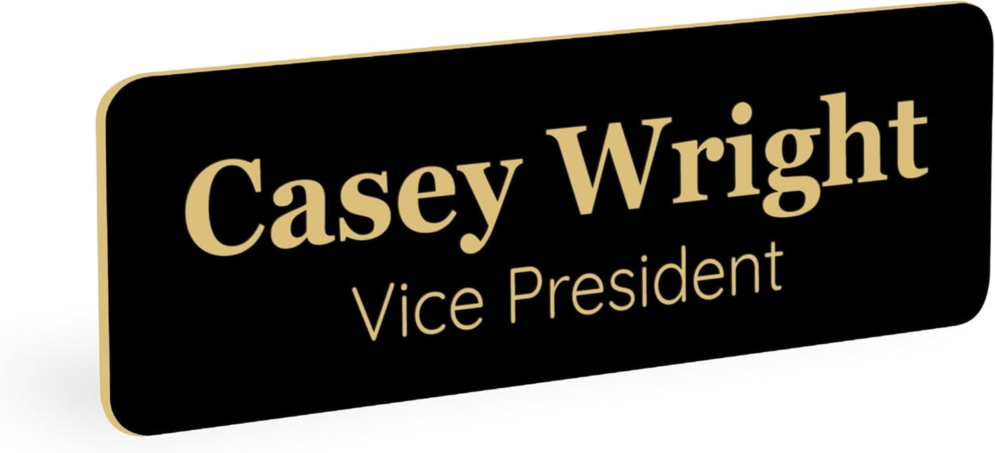 ExcelMark Custom Name Tag - Engraved Name Badge with Pin or Magnetic Backing, 16 Colors, 6 Fonts, and 2 Sizes to Choose from (Black w/Gold Letters, 1"x 3")