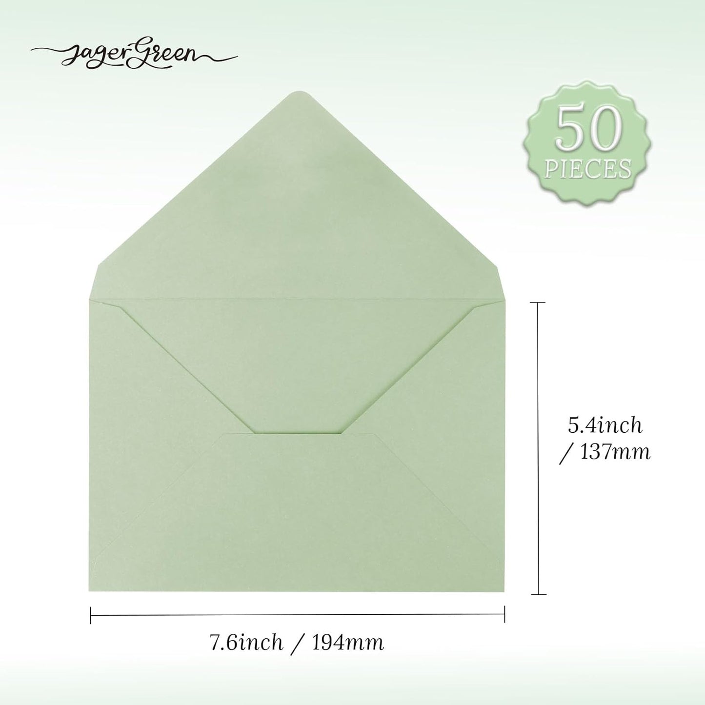50 Pack 5x7 Envelopes Letter Size, Green A7 Envelopes Self Seal for Wedding Invitation, Envelope 5.4x7.6 for Greeting Cards, Photos, Baby Shower, Graduation, Thank You Cards, Announcements