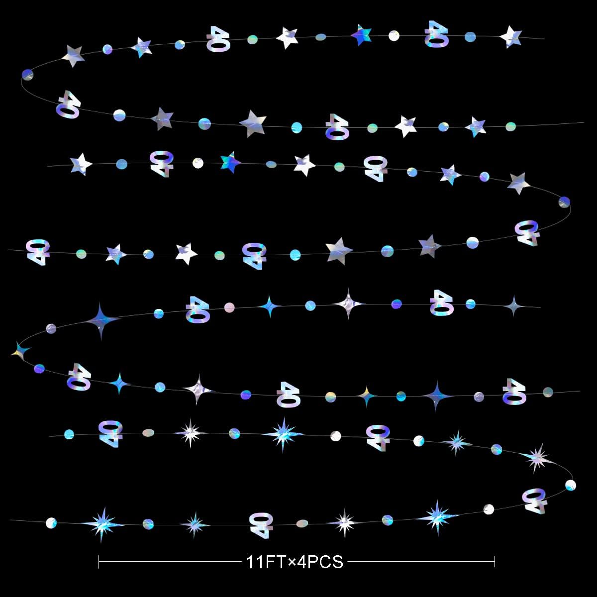 Iridescent 40th Birthday Decorations Number 40 Circle Dot Twinkle Star Garland Metallic Hanging Streamer Bunting Banner Backdrop for Women Mens 40 Year Old Birthday Forty Anniversary Party Supplies