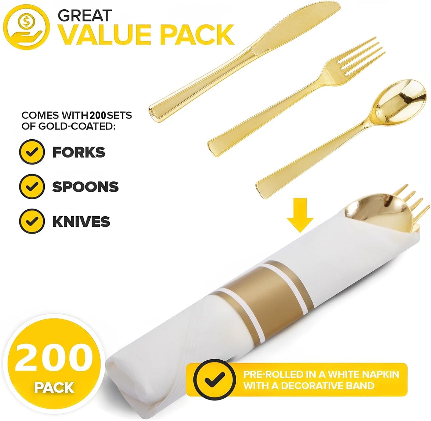 200Guests Pre Rolled Gold Plastic Silverware Sets - Heavy Duty Gold Cutlery - Include 200 Pack Wrapped Disposable Utensils with Napkins for Parties & Dinners & Weddings