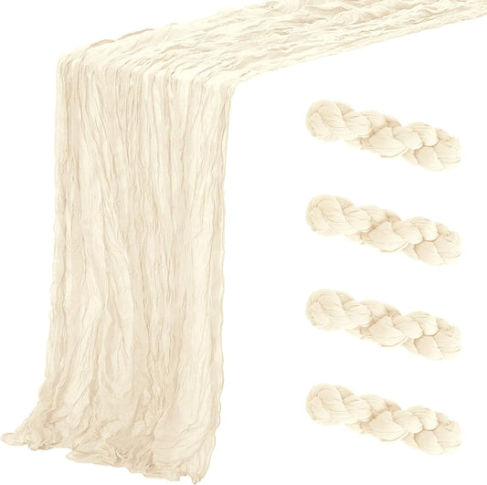 Aktor 4 Pack Ivory Table Runner Boho Cheesecloth Table Runner Semi Sheer Gauze Fabric Runners for Wedding Birthday Baby Shower Party Boho Table Decoration（Ivory）