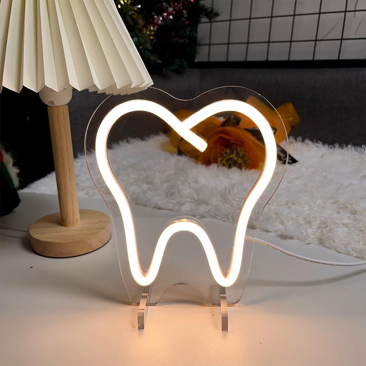 Teeth Table Number Neon Sign Desk Lamp Night Light Wedding Letter LED Neon Sign Wedding Table Decorations Neon Light Shop Bedroom Home Room Decor Christmas Party Warm White USB 20×18 CM