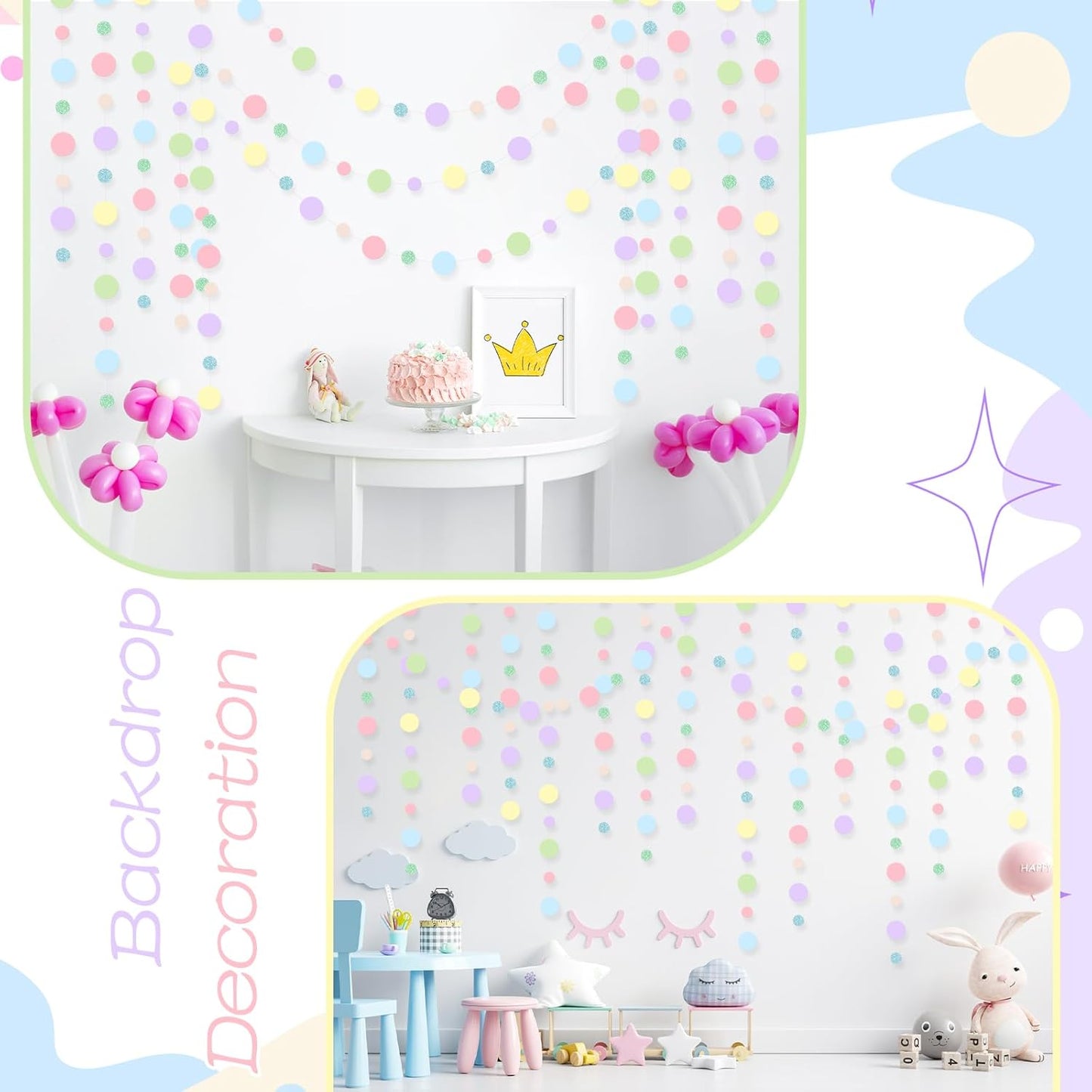 Outus 10 Pieces Colorful Dots Paper Garland Round Glitter Garland Hanging Confetti Streamers Backdrop for Candy Birthday Classroom Halloween Trunk or Treat Car Decoration (Pastel)