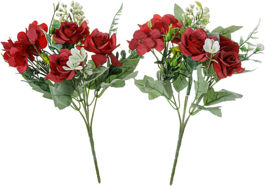 Artificial Flower 5 Branches Artificial Silk Fake Flowers Bouquet Small Roses for Wedding Home Office Tables Decor 2 Packs(Red)