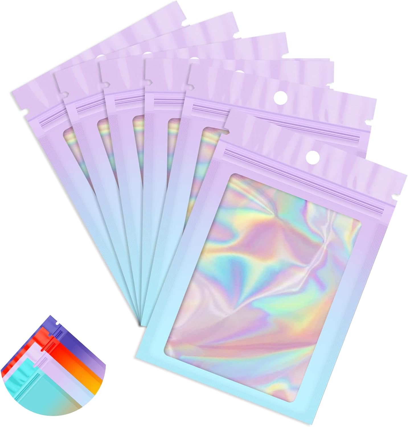 Funfery 100 Pack Gradient Holographic Bags,Mylar Resealable Bag with Zipper,Clear Window Packaging Pouch,Smell Proof Bags for Food Storage,Sample Jewelry Baggies(5.5x7.9In,Purple Blue)